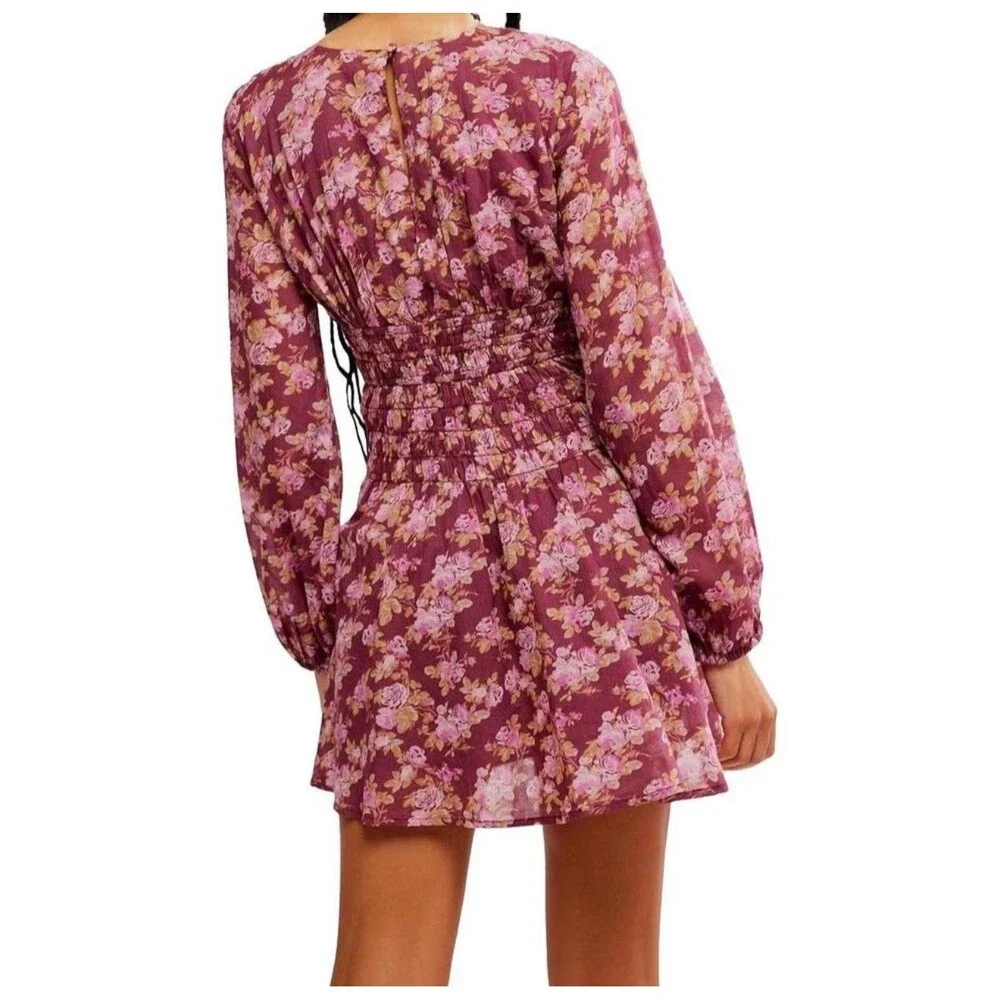 Free People “Keep You” Mini Dress In Berry Combo Floral Sz Small New